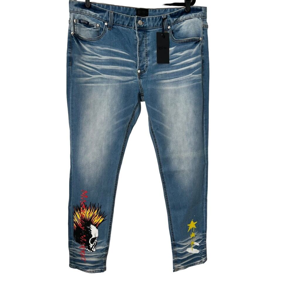 Mackeen Jeans Mens‎ Size 40 Nite Market Button Fly Denim Skulls Flames Mohawk